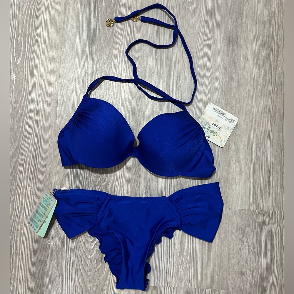 NWT Luli Fama electric blue Cosita buena seamless plunge ruched large bikini